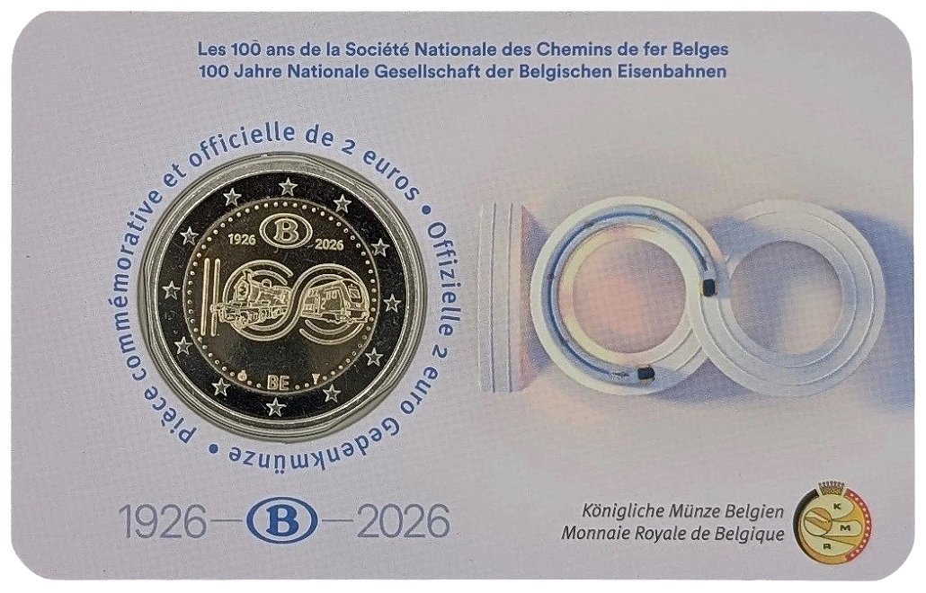 2 euros conmemorativa 100 años de los ferrocarriles estatales belgas (SNCB)